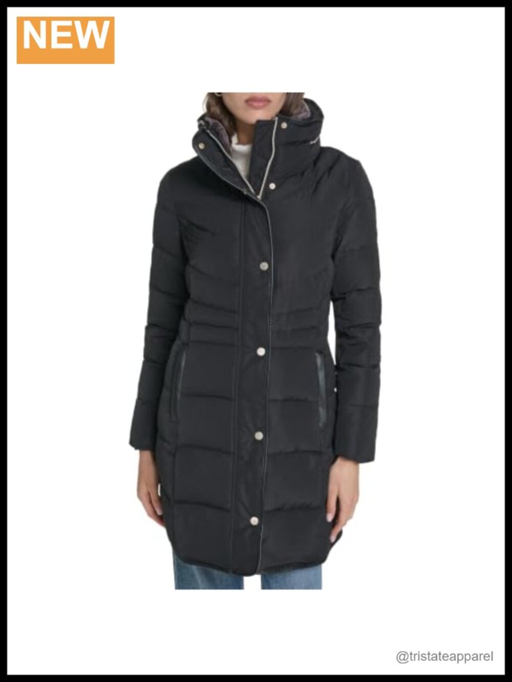Women's Mid Length Down Coat with Faux Fur Trim and Zipper